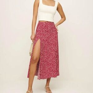 Reformation Red and White A-Line Midi Skirt with Slit